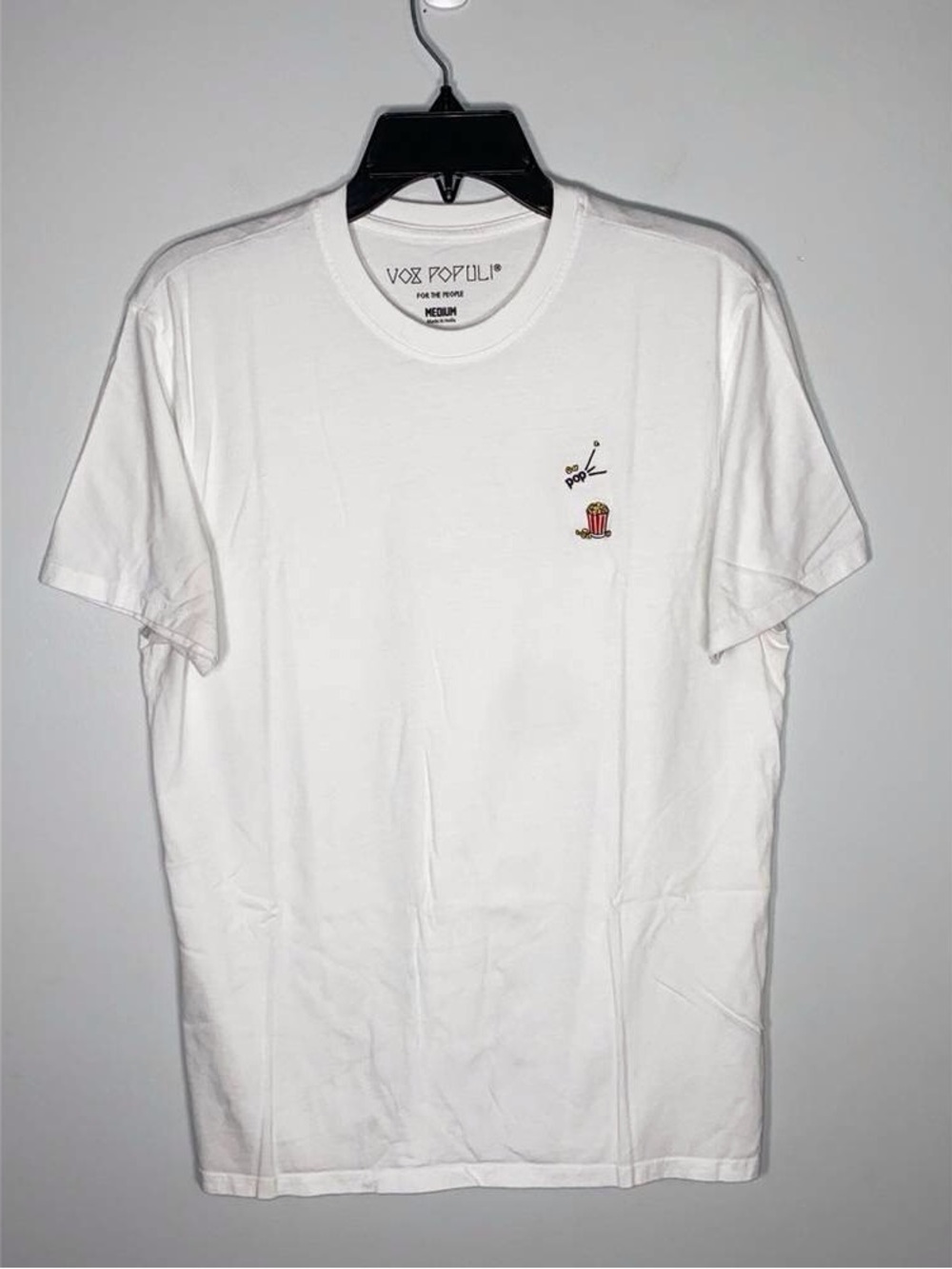 White Crew Neck Tee with Popcorn Chest Embroidery